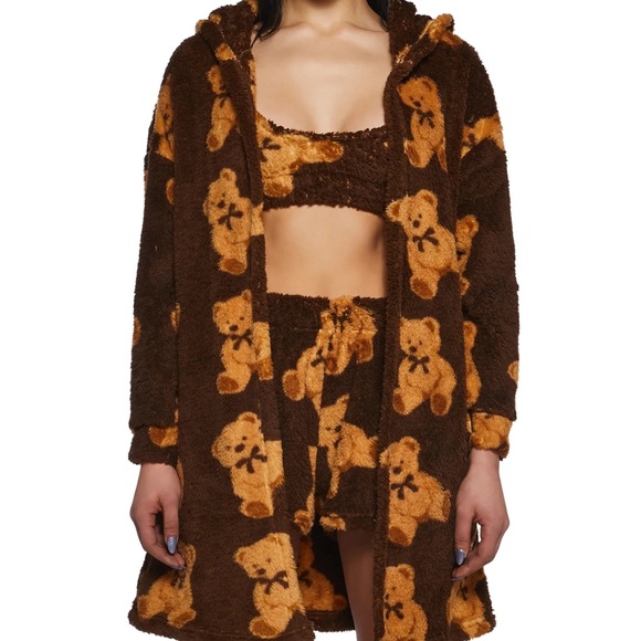 Cozy Brown 3pc Teddy Bear crop tank shorts robe Set